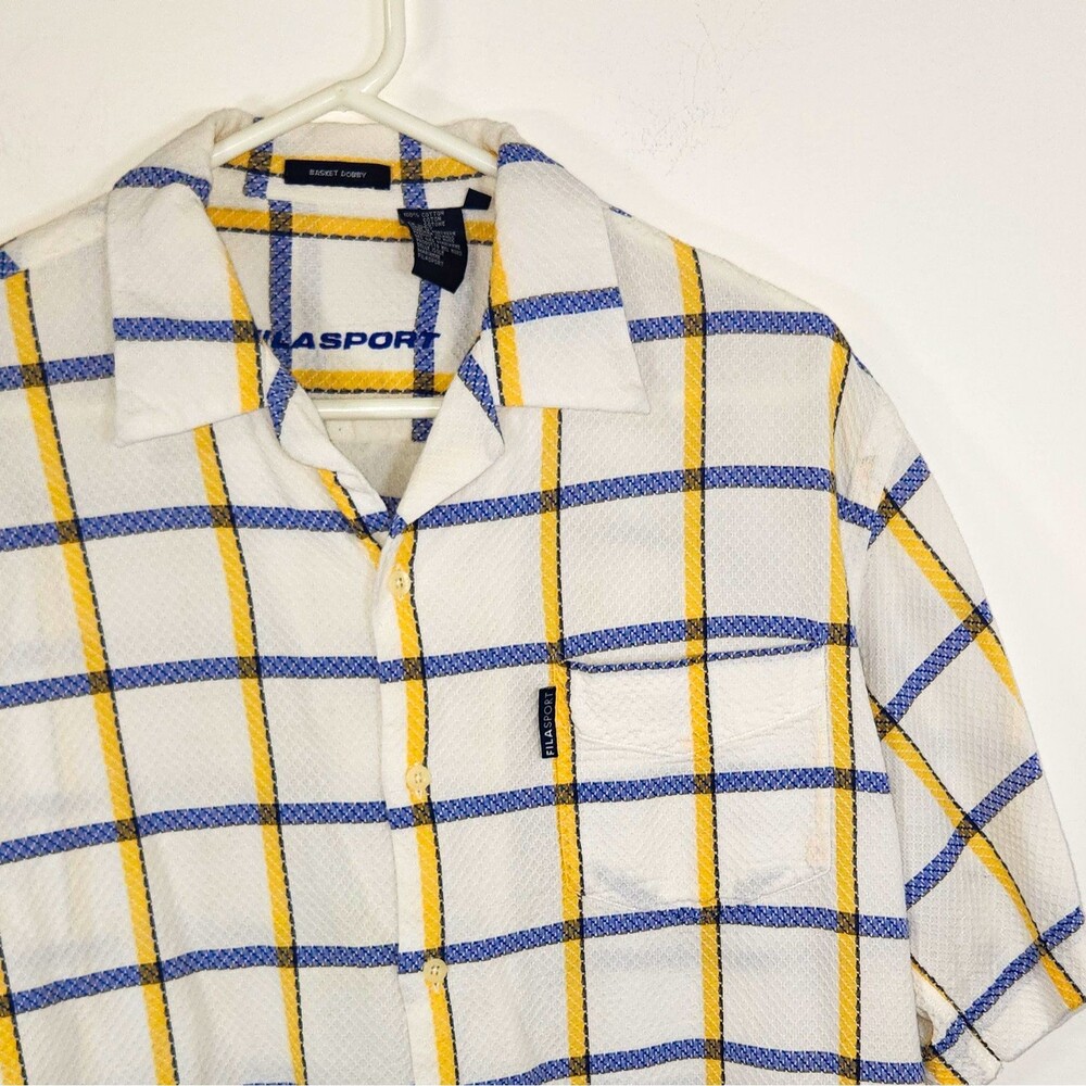 Fila Sport Men's M White Blue Yellow Plaid Cotton Button-Up SS Shirt Pockets